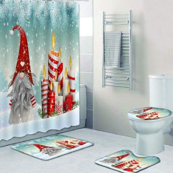 Gnome Christmas Shower Curtain Set Bathroom Rugs Bath Mats Toilet Cover Hooks - Picture 1 of 6